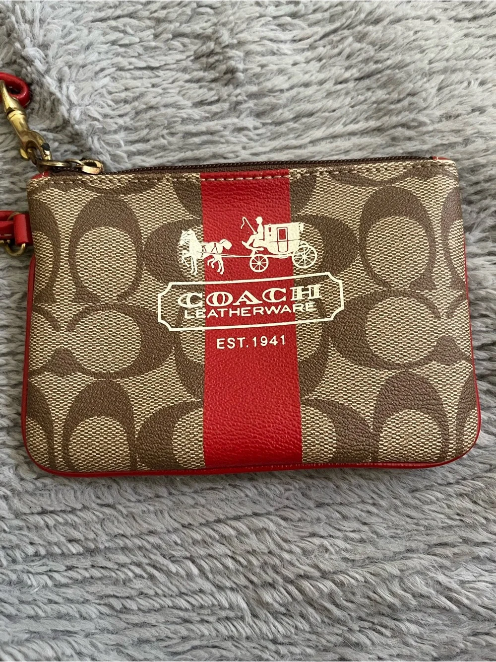 Coach Brown Signature Wristlet with Red Center Stripe